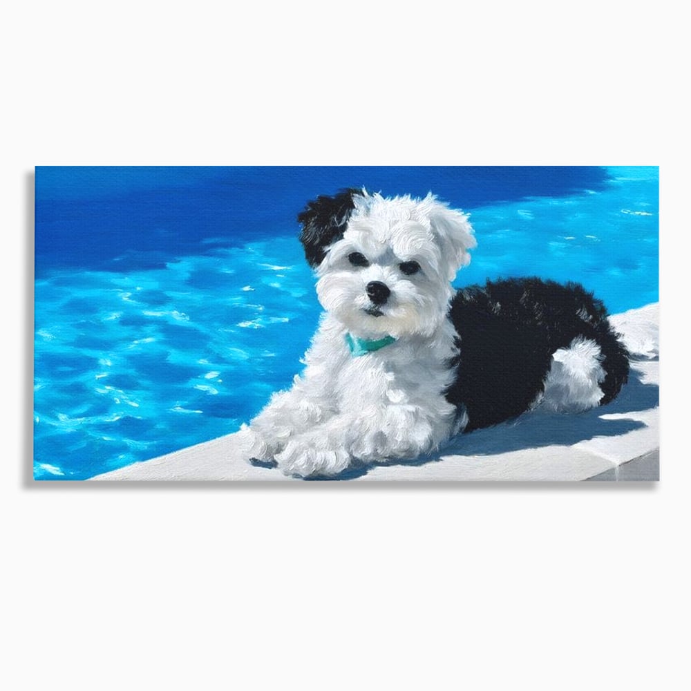 Tablou canvas cu pictura cu catel pufos langa piscina, fara rama, pe sasiu de lemn